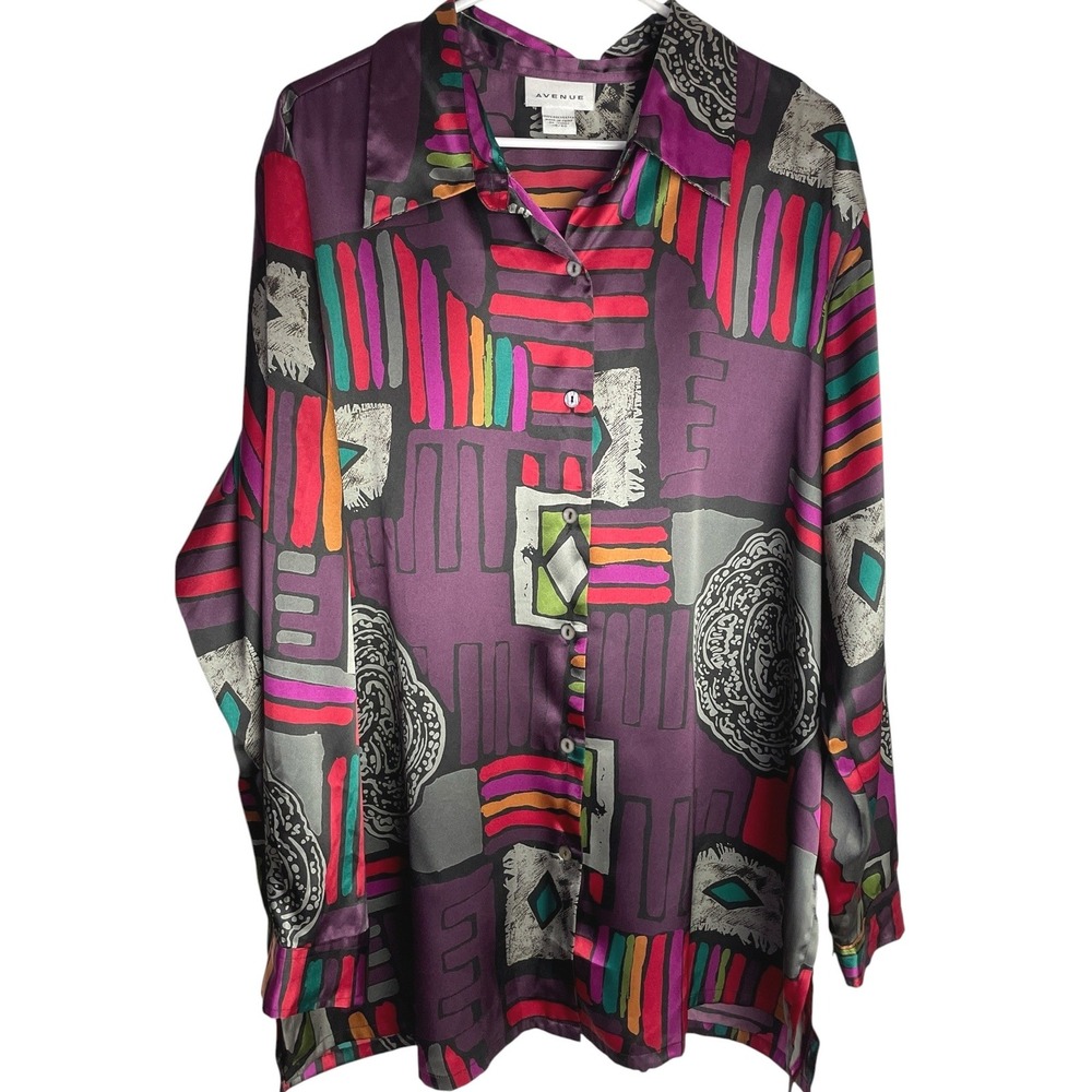 Vtg Avenue Womens Silky Abstract Blouse Size 18/20 Purple Geometric Art to Wear